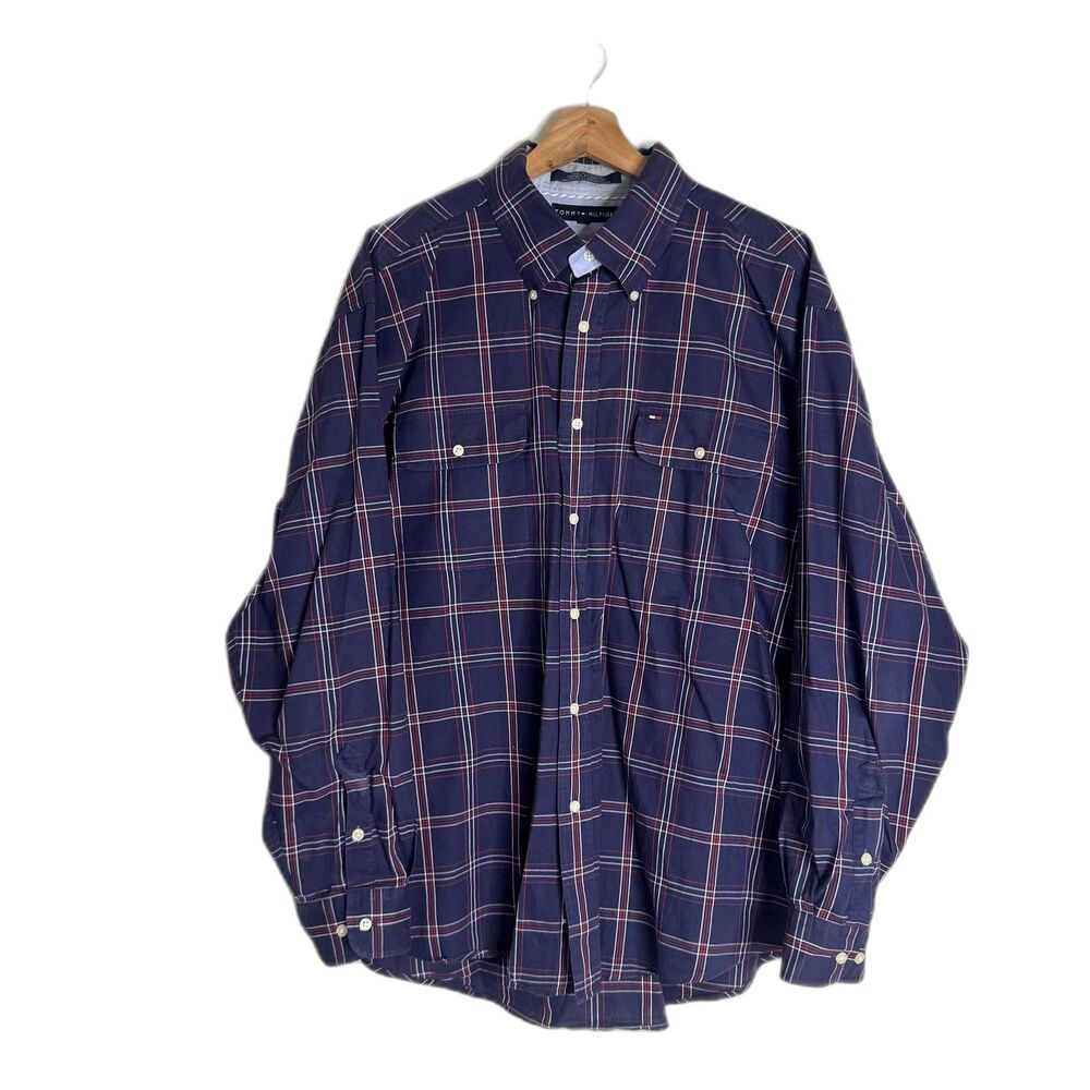 Tommy Hilfiger Shirt Mens XL Plaid Button Down Classic Pocket Casual